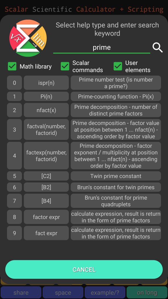 Scalar Calculator - Prime related functions and options