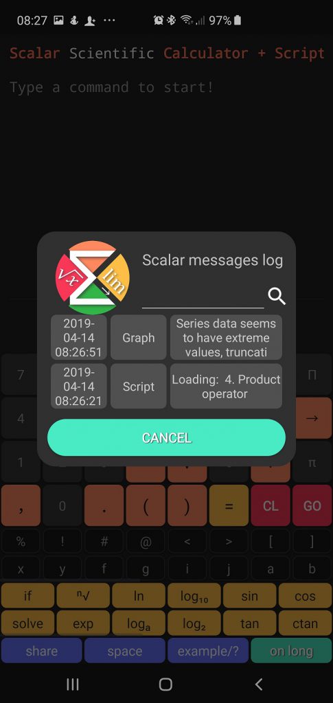 Scalar Calculator - Settings - Message Log
