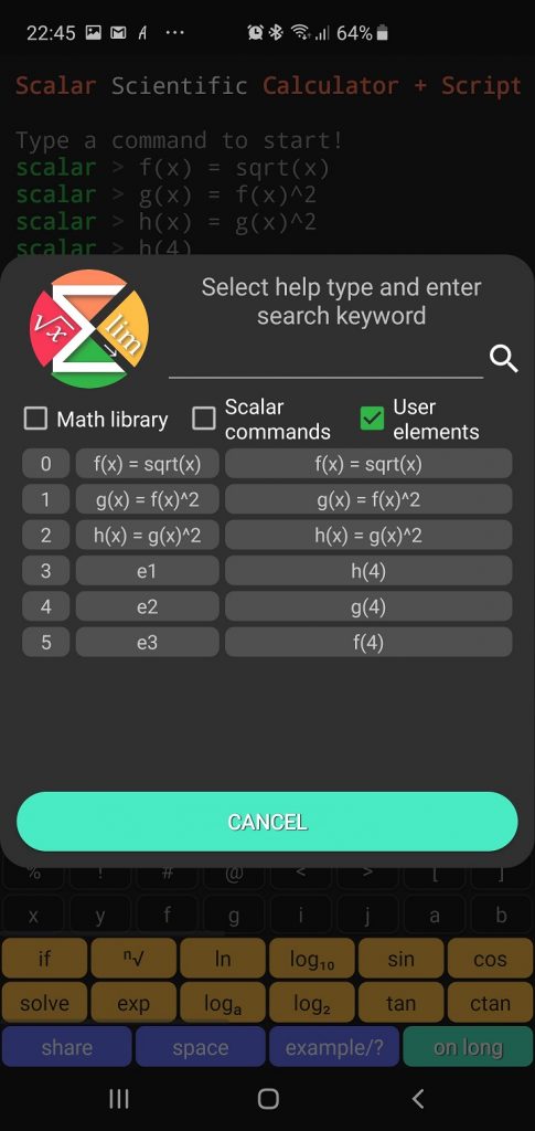Scalar Calculator - User Functions - Help